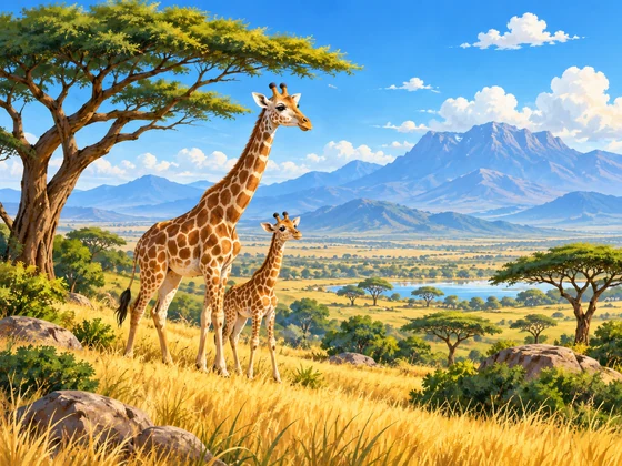 Hand-painted family-travel illustration of savanna and distant mountains