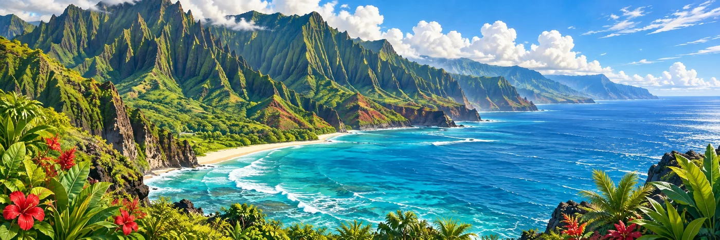 Kauai’s sunny South Shore with a sandy beach, tropical palms, and green volcanic ridges.