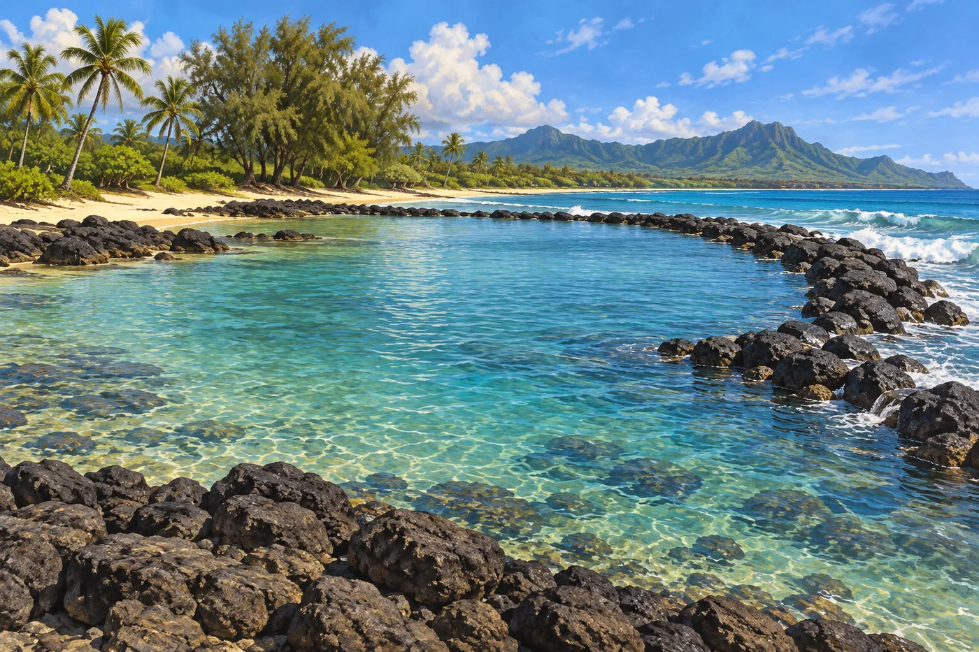 The protected lagoon and lava-rock breakwater at Lydgate Beach Park, backed by palms.