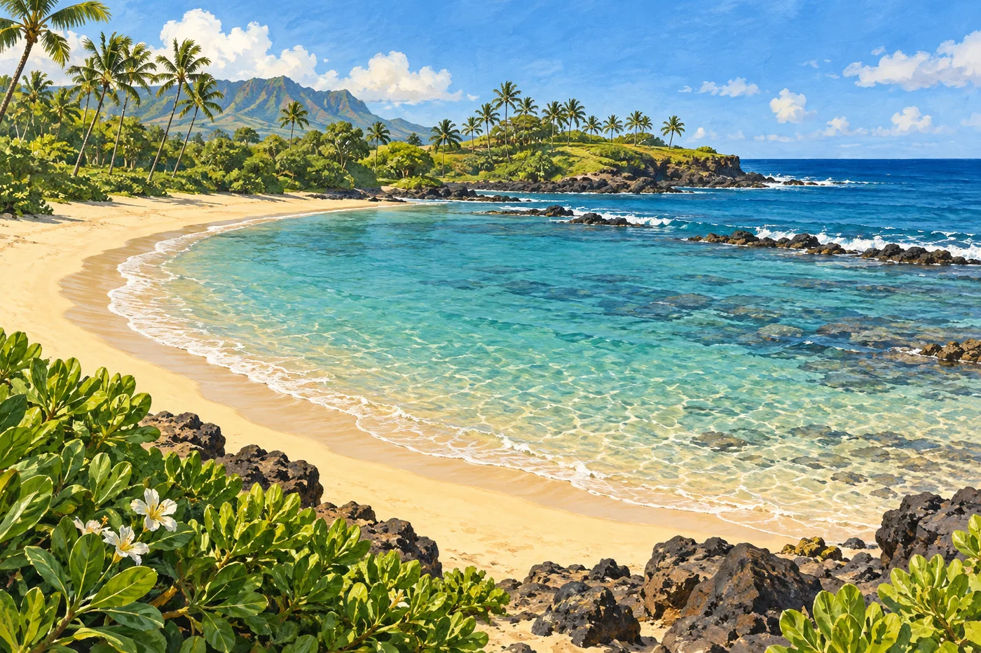 The crescent shoreline and turquoise water at Poʻipū Beach on Kauaʻi’s South Shore.