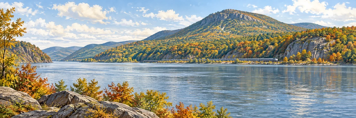 A passenger train follows the Hudson River below the autumn-colored Hudson Highlands.