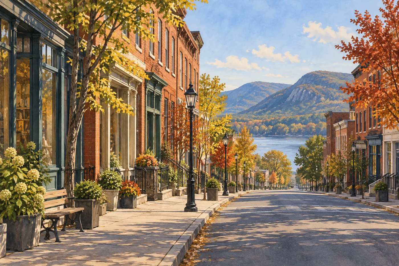 Beacon’s empty Main Street framed by historic storefronts, with Mount Beacon above the Hudson Valley.