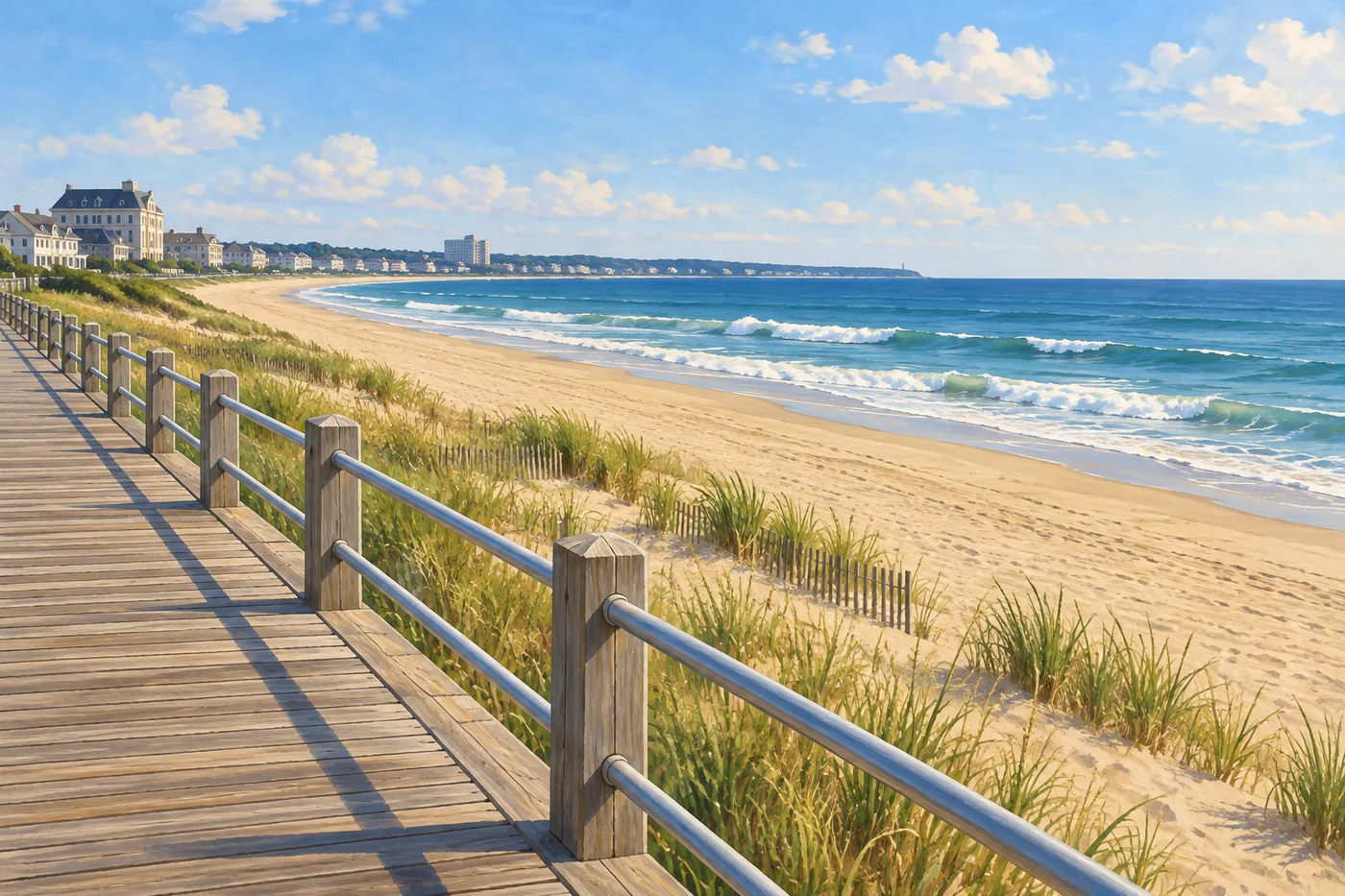 Long Branch’s boardwalk, dune grasses, and open Atlantic beach.