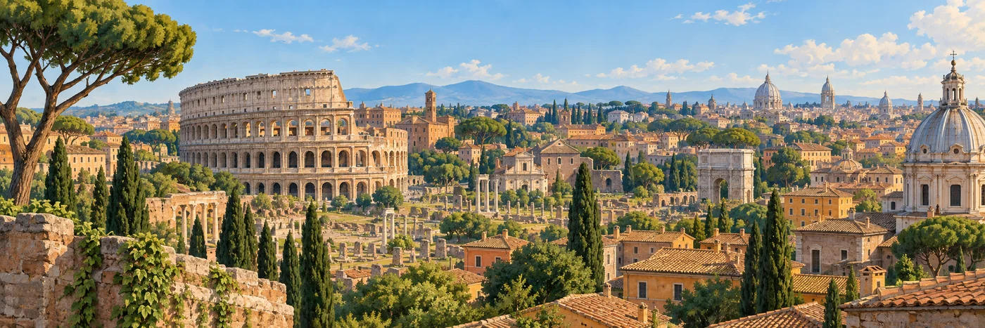 The Colosseum and Roman Forum among Rome’s historic rooftops, domes, and umbrella pines.