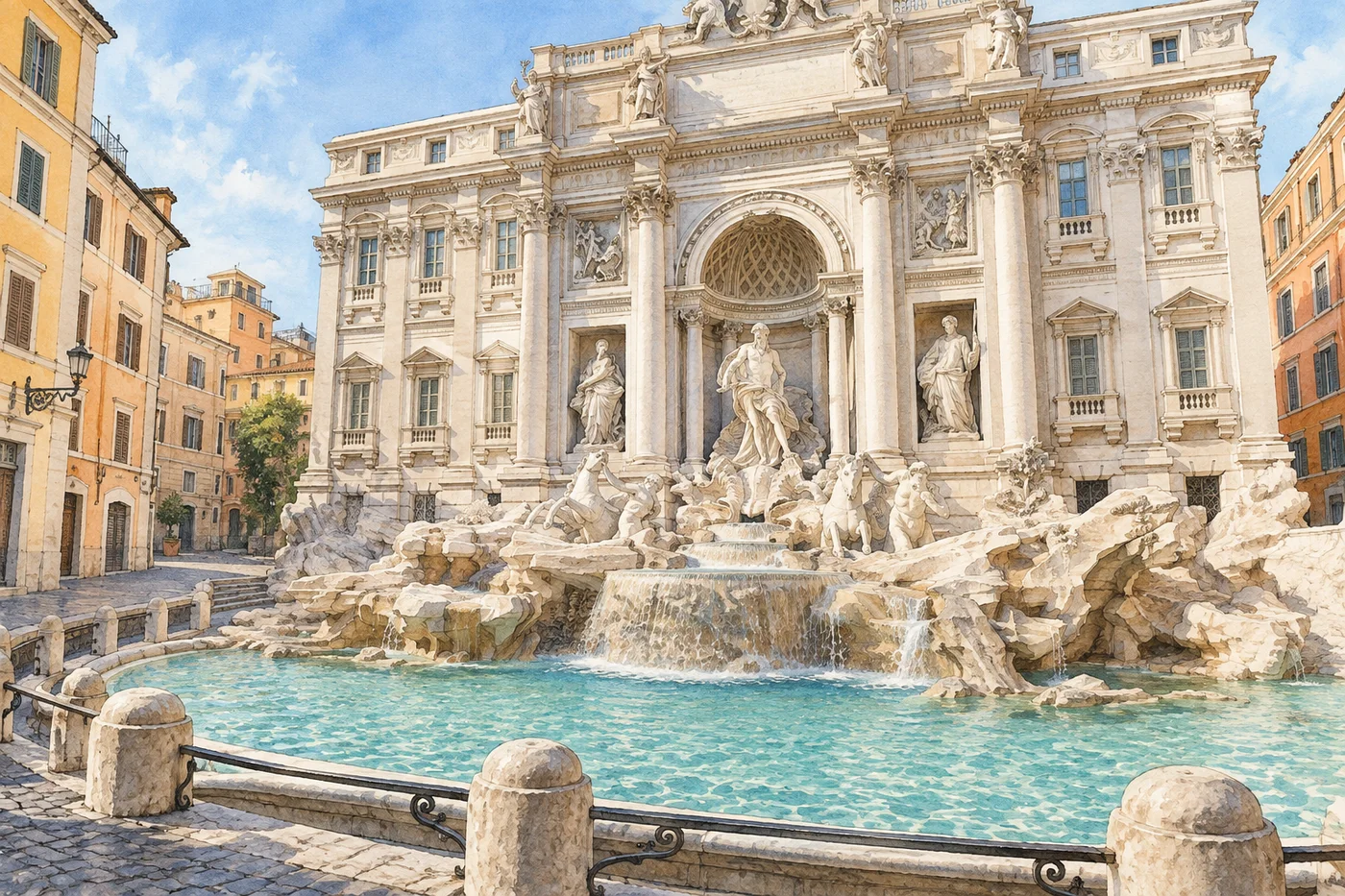 The sculpted marble façade and turquoise basin of Rome’s Trevi Fountain.
