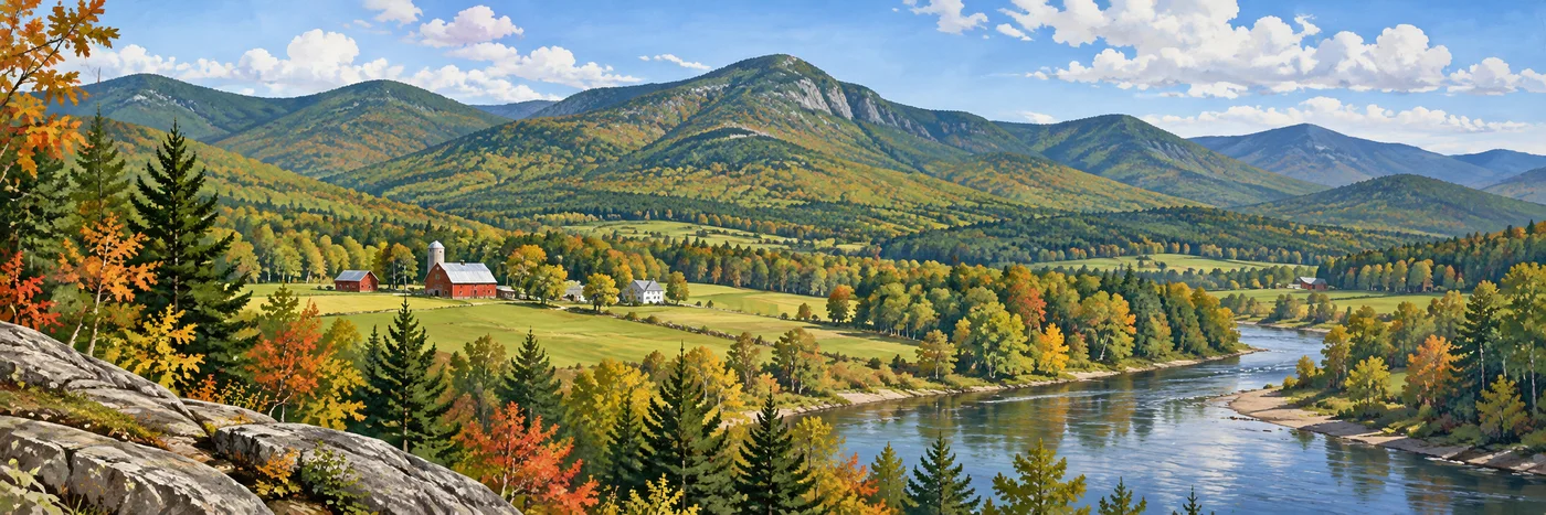 Vermont’s Green Mountains, a river valley, and red barns in early autumn.