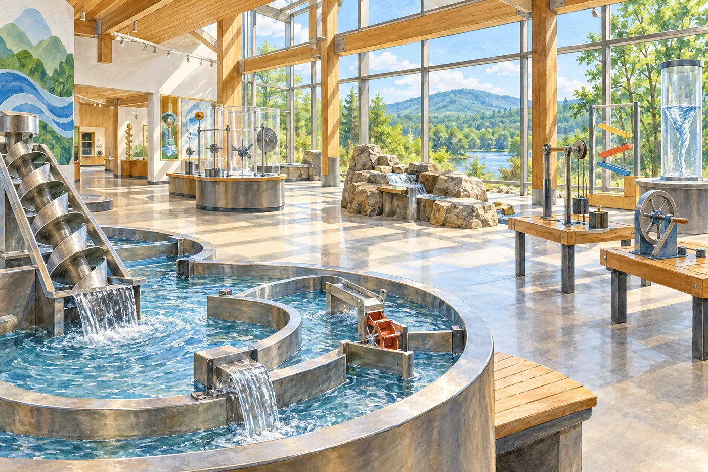 Illustrated science museum gallery with water-flow exhibits and views toward green hills.