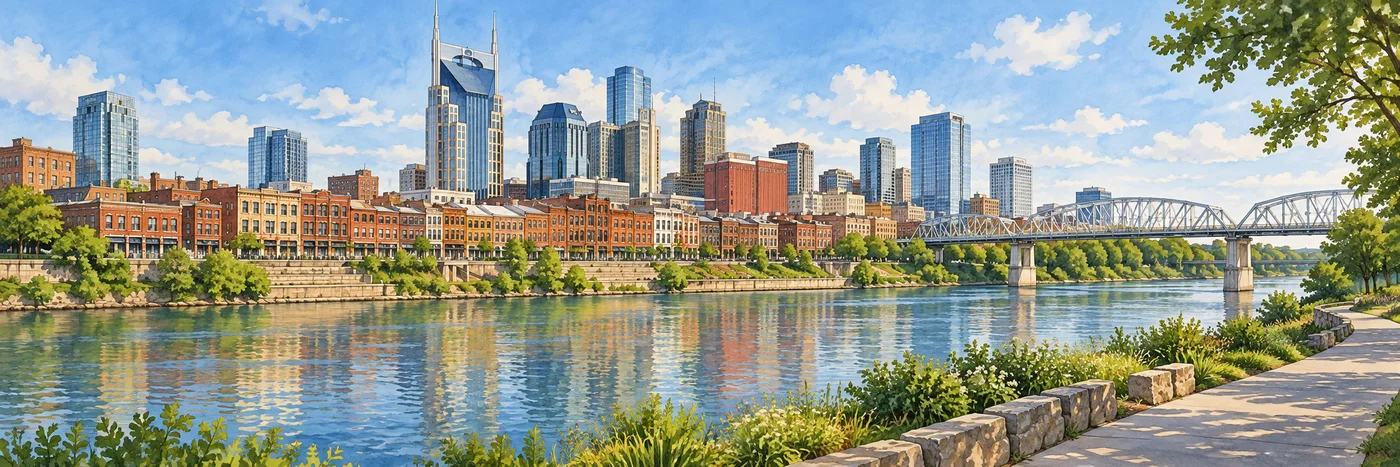 Illustrated view of downtown Nashville’s brick streetscape and skyline along the Cumberland River.