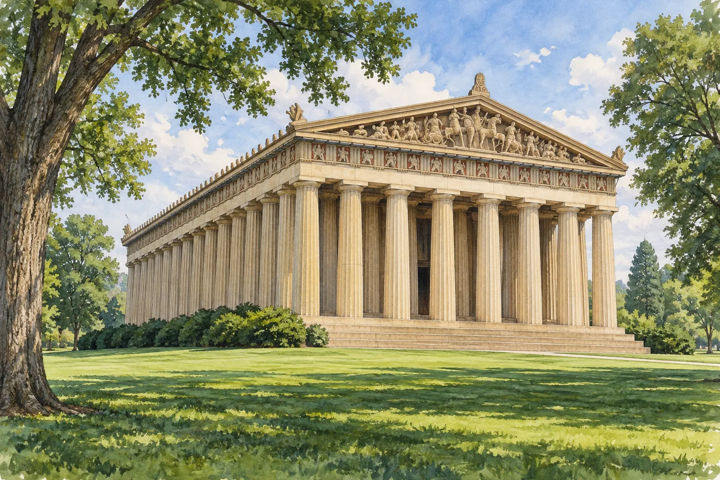 The Parthenon replica framed by Centennial Park trees and lawn.
