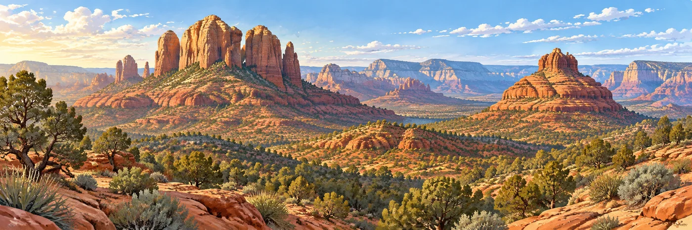 Illustrated Sedona red-rock landscape with Bell Rock, Cathedral Rock, and juniper-covered slopes.