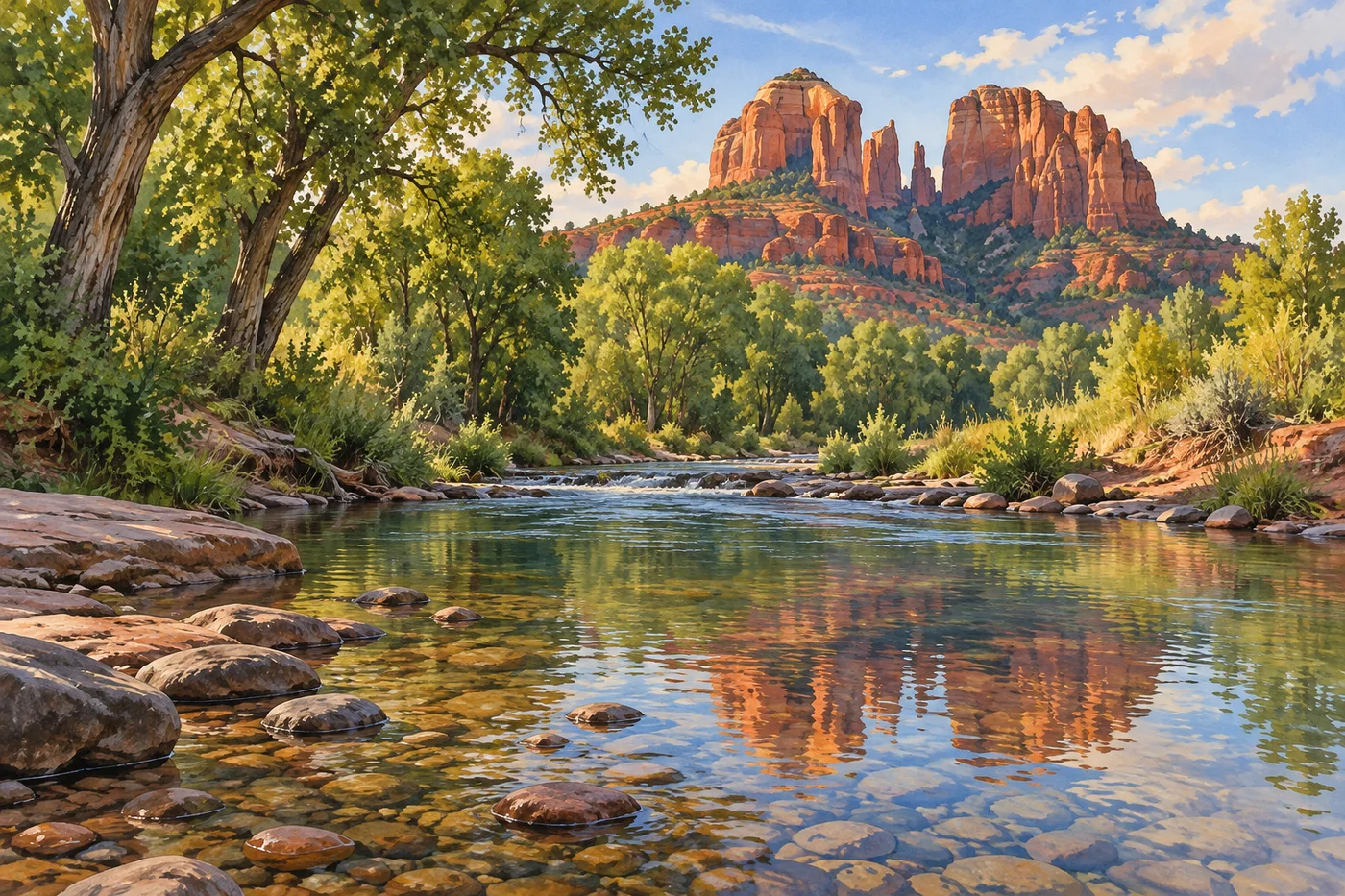Illustrated shallow Oak Creek with stones, cottonwood shade, and Cathedral Rock beyond.