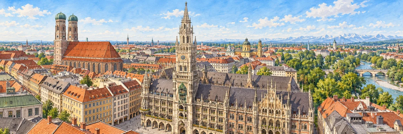 Munich’s Marienplatz, framed by the historic Neues Rathaus and its Glockenspiel.