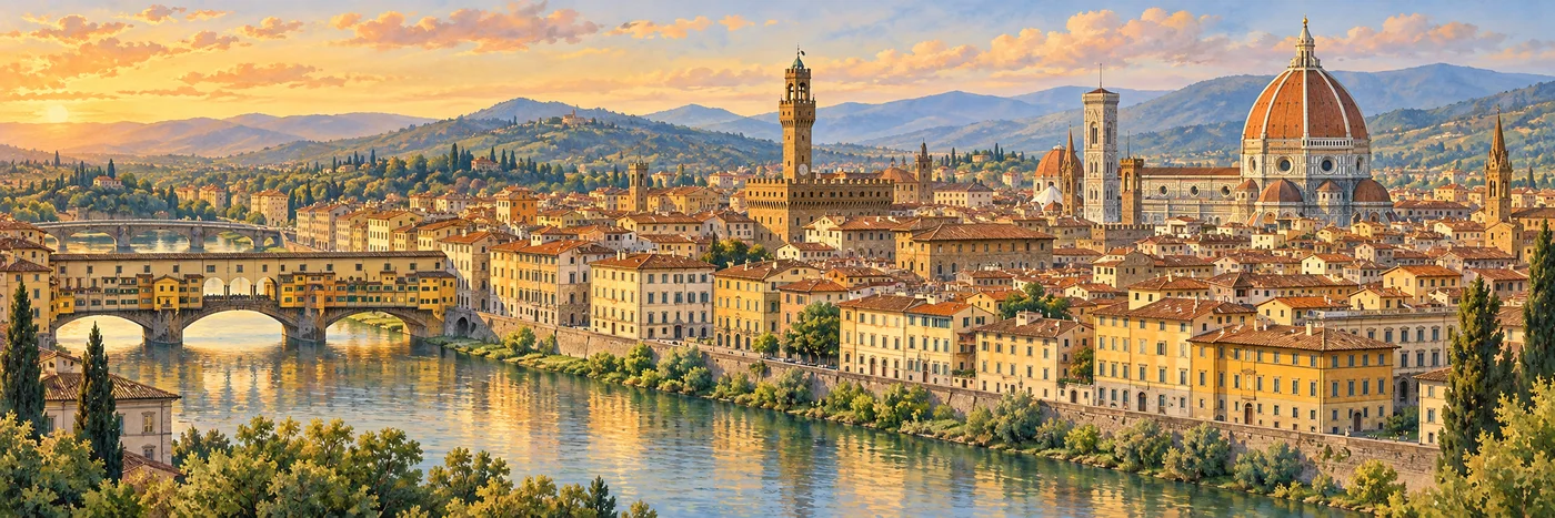 Florence’s historic skyline over the Arno, with the terracotta dome of Santa Maria del Fiore.