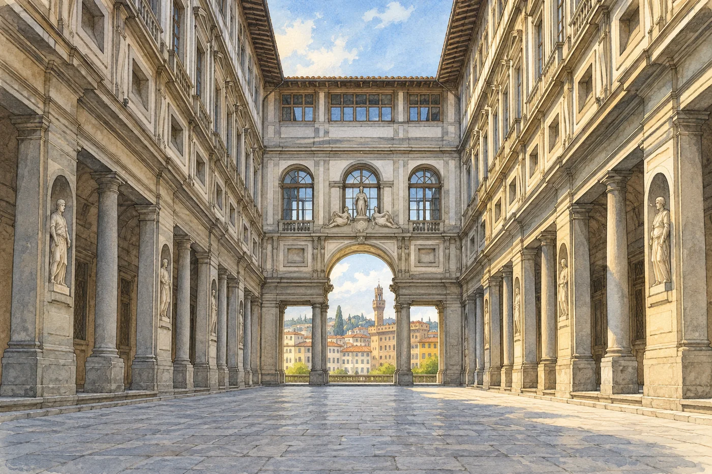 The Uffizi Gallery's long stone colonnade opens toward central Florence.