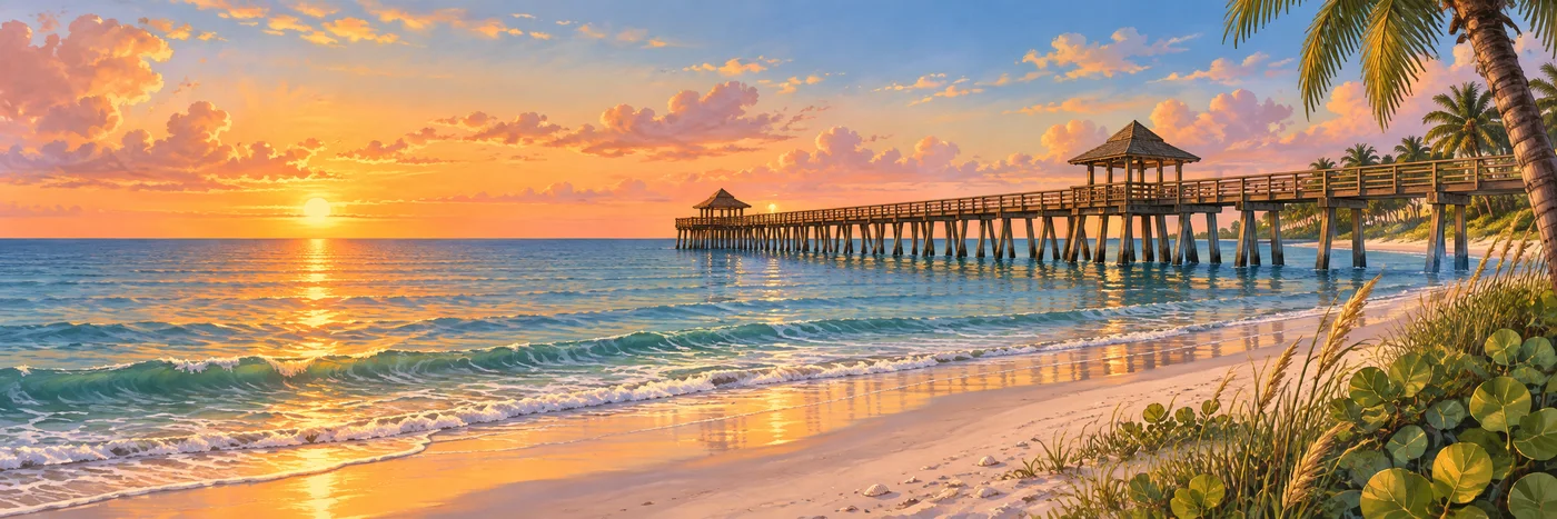 Illustrated sunset view of Naples Pier extending over the Gulf of Mexico.