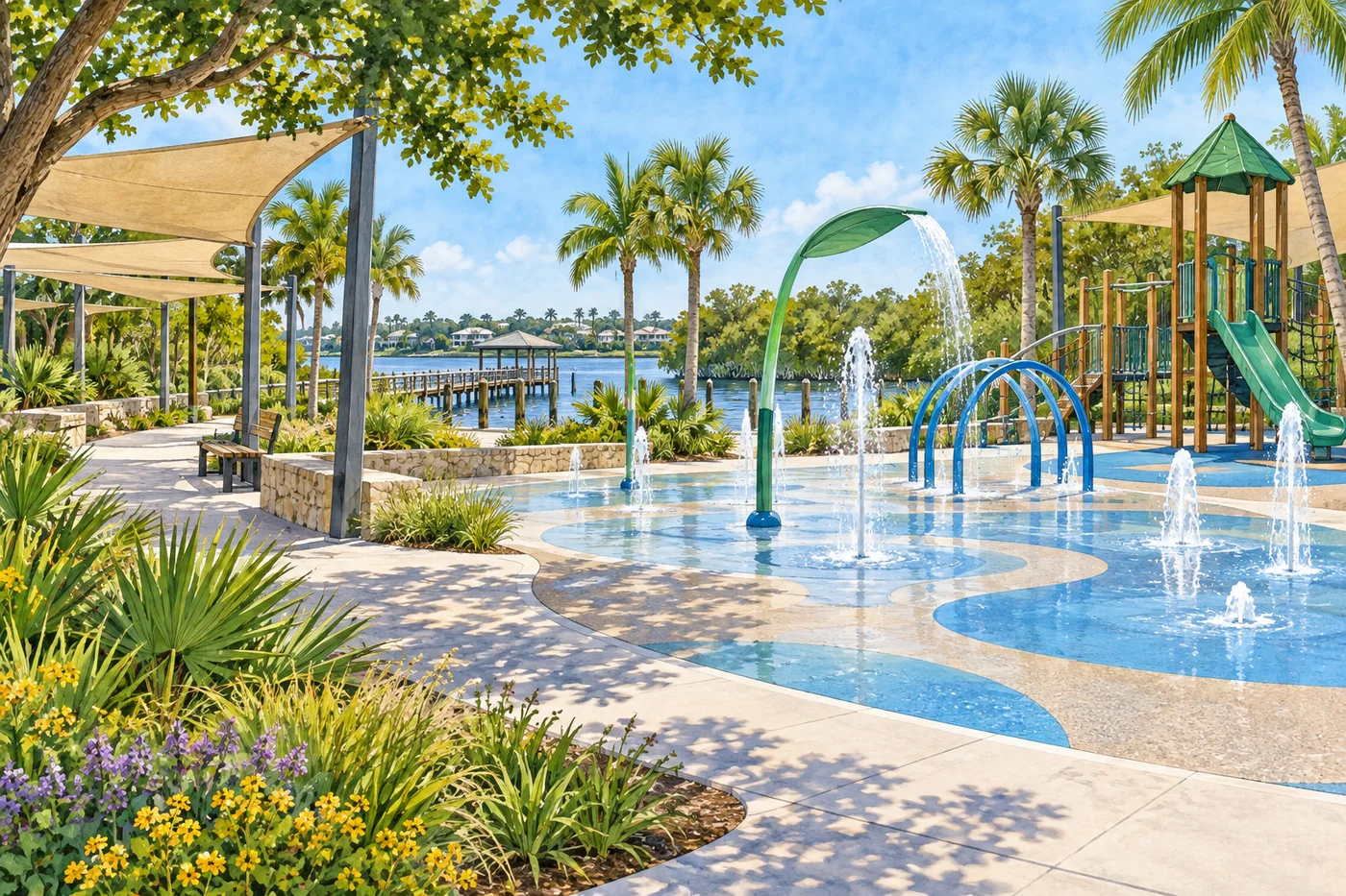 Baker Park’s splash pad and shaded play area beside the Gordon River.