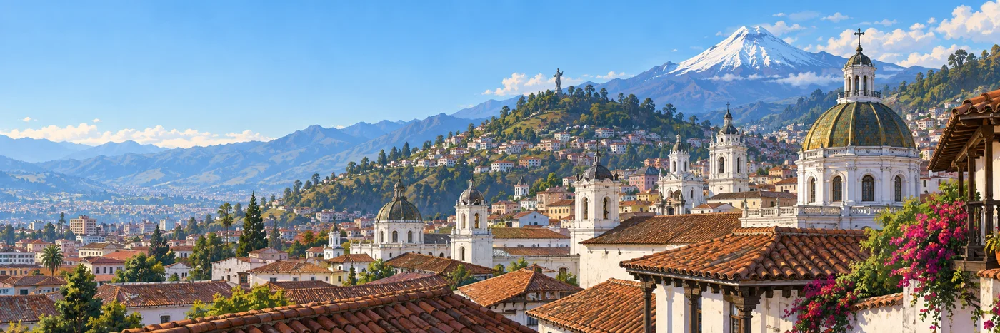 Illustrated Quito roofscape with historic church domes and the Andes beyond the city.