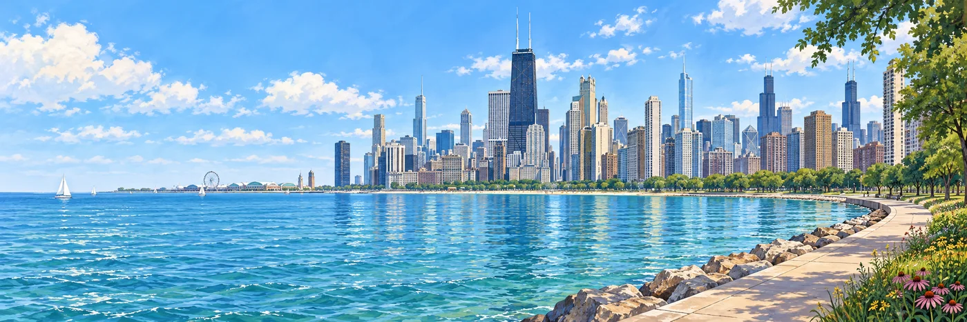 Illustrated Chicago skyline above Lake Michigan and the curving lakefront path.