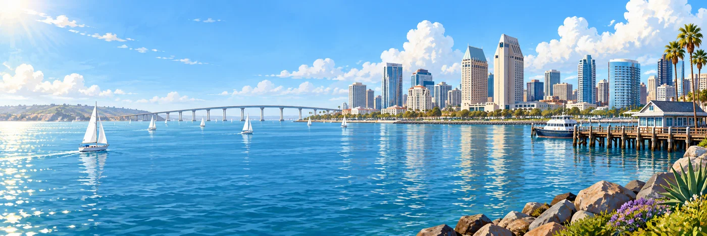 Illustrated San Diego harbor skyline, sailboats on the bay, and the Coronado Bridge in the distance.