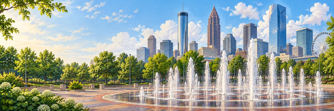 Illustrated Centennial Olympic Park Fountain of Rings with downtown Atlanta behind it.