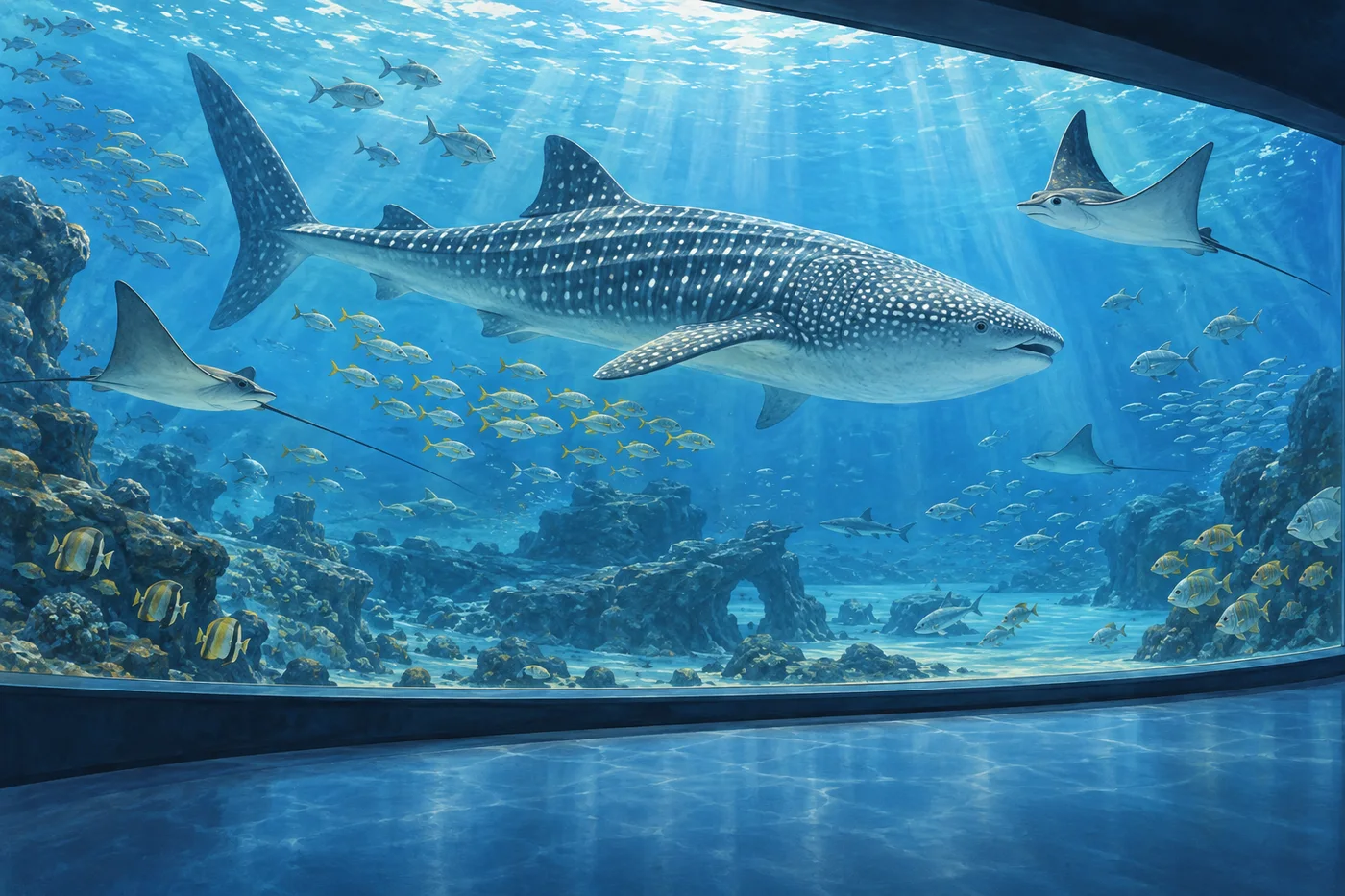 Illustrated whale shark, rays, and fish in a vast blue habitat at Georgia Aquarium.