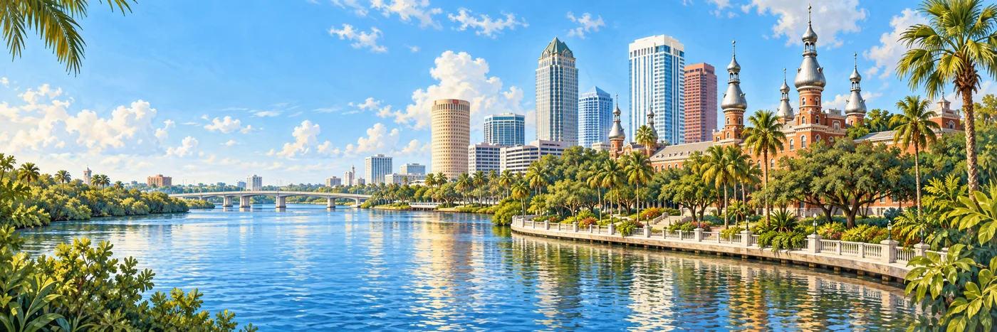 Illustrated Tampa skyline and University of Tampa minarets across the Hillsborough River.