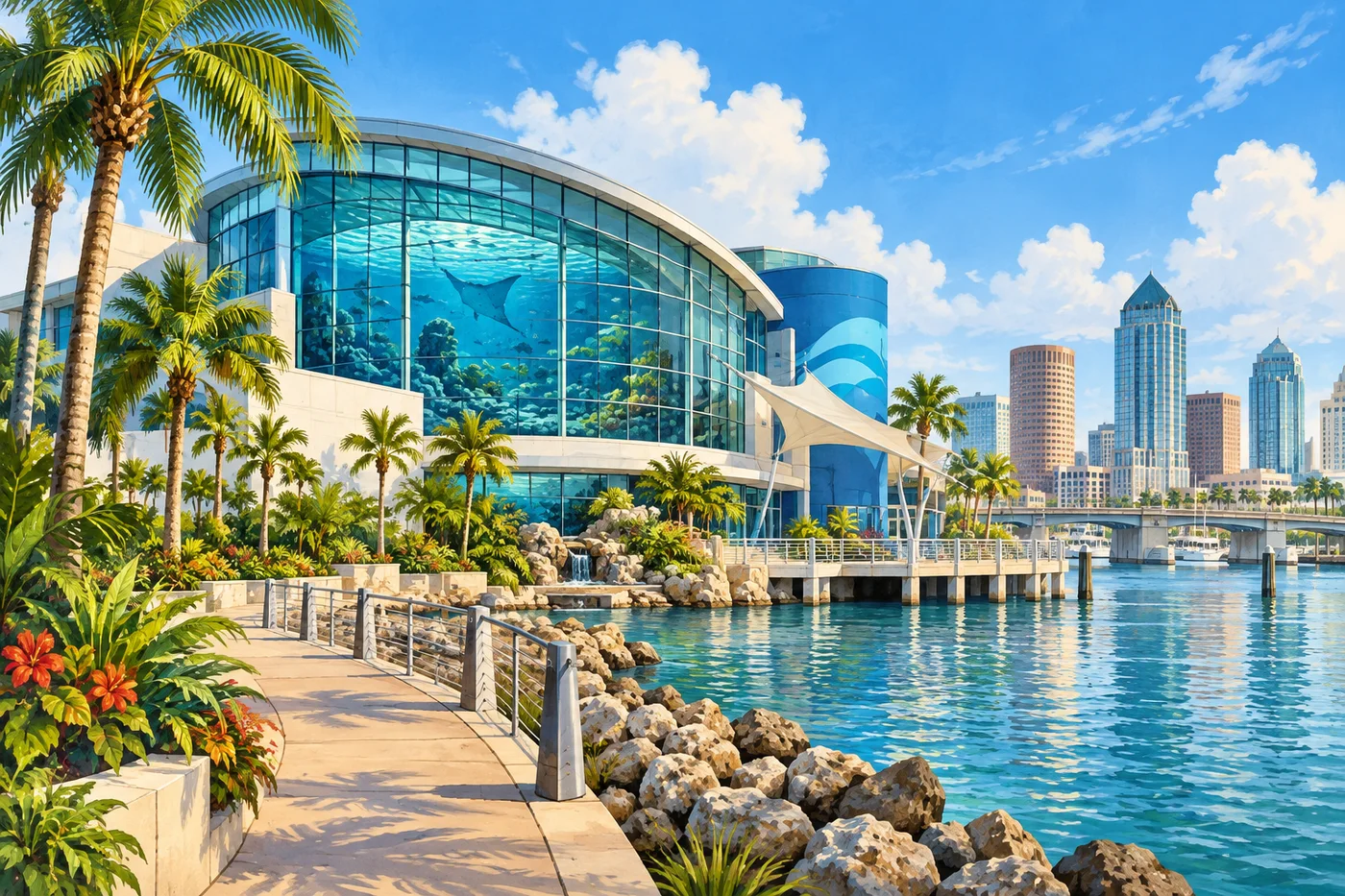 Illustrated glass-fronted Florida Aquarium beside palms and the Channelside waterfront.