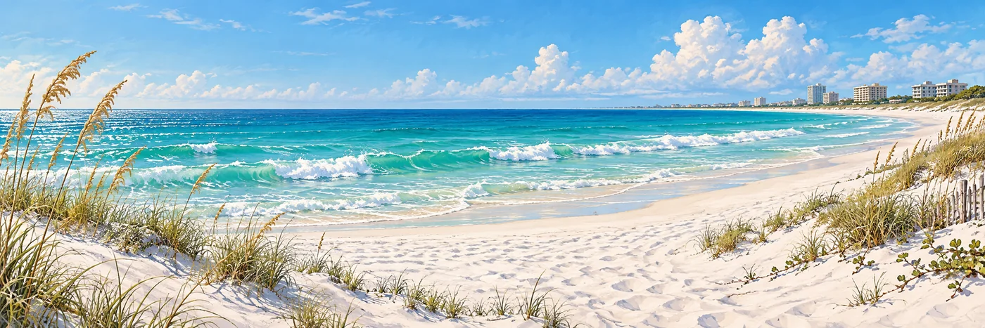 Illustrated Gulf shoreline near Destin with pale sand, calm turquoise water, and coastal dunes.