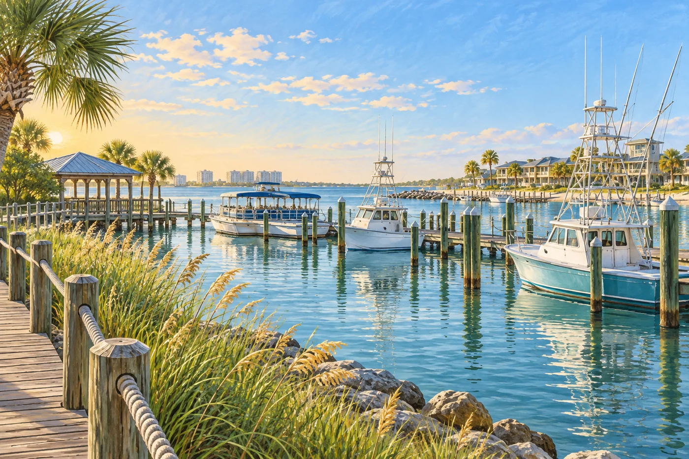 Illustrated Destin harbor with boats, waterfront buildings, and calm Gulf water.