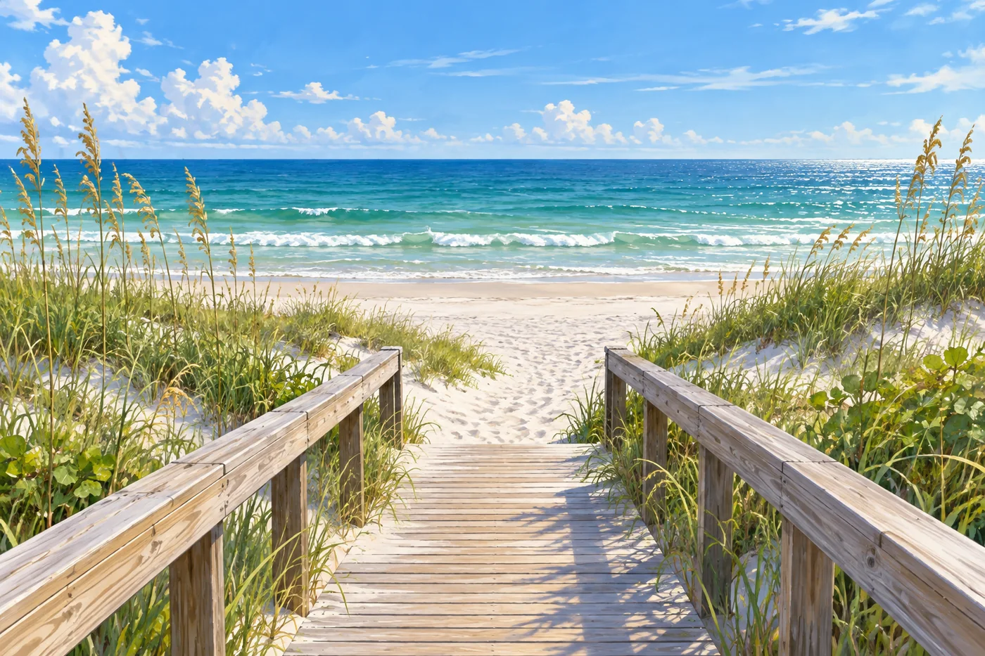 Illustrated sandy path through coastal dunes toward the Gulf shoreline near Destin.