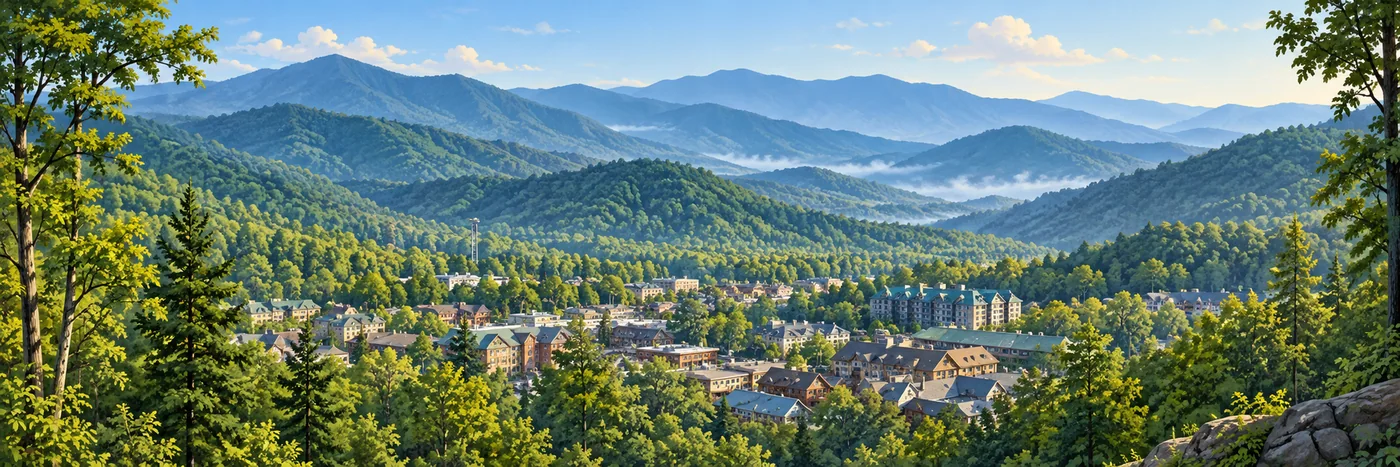 Illustrated Gatlinburg rooftops below layered Smoky Mountain ridges in the distance.