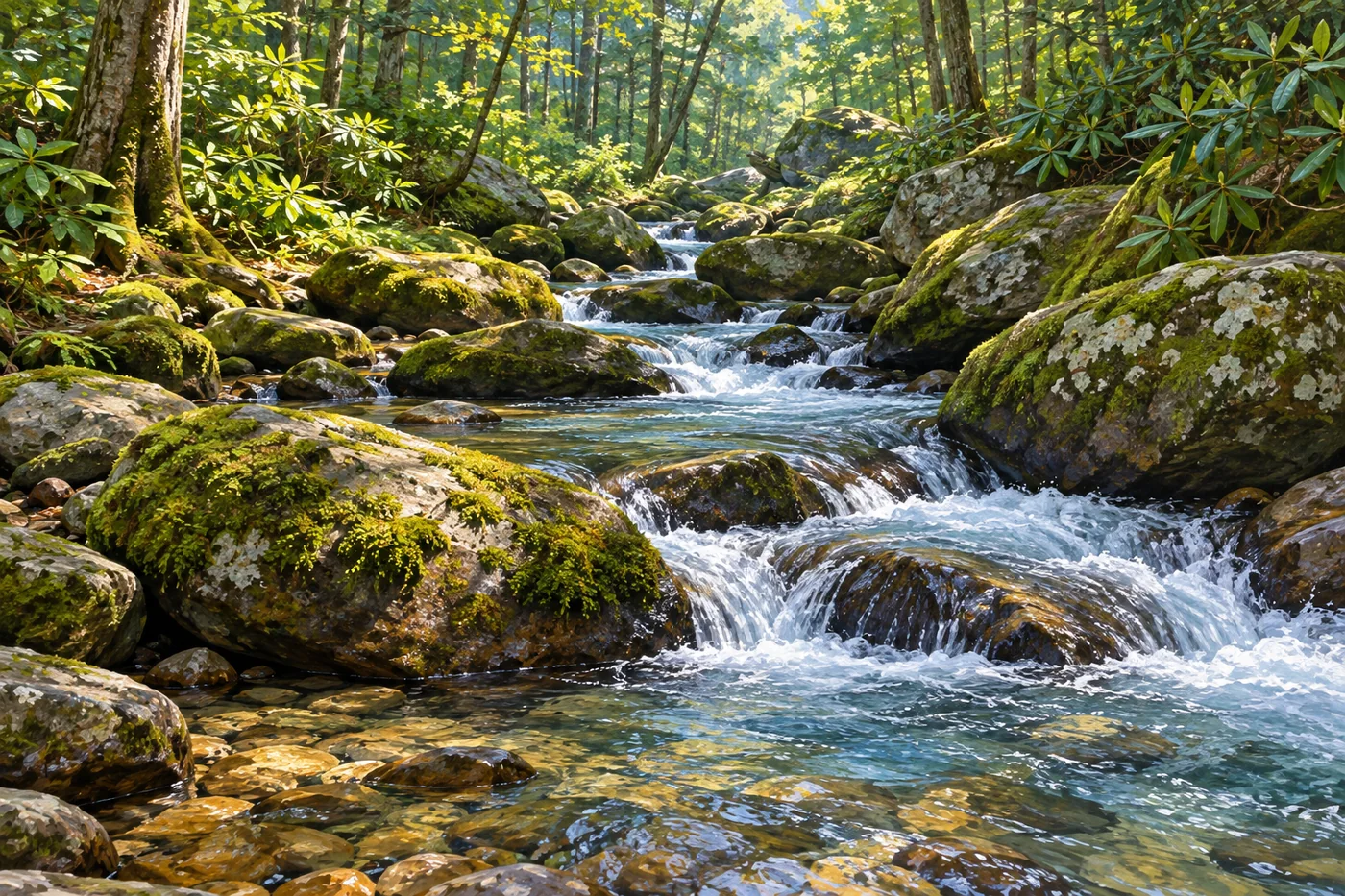 Illustrated clear stream flowing over stones beneath a shaded Smoky Mountains forest canopy.