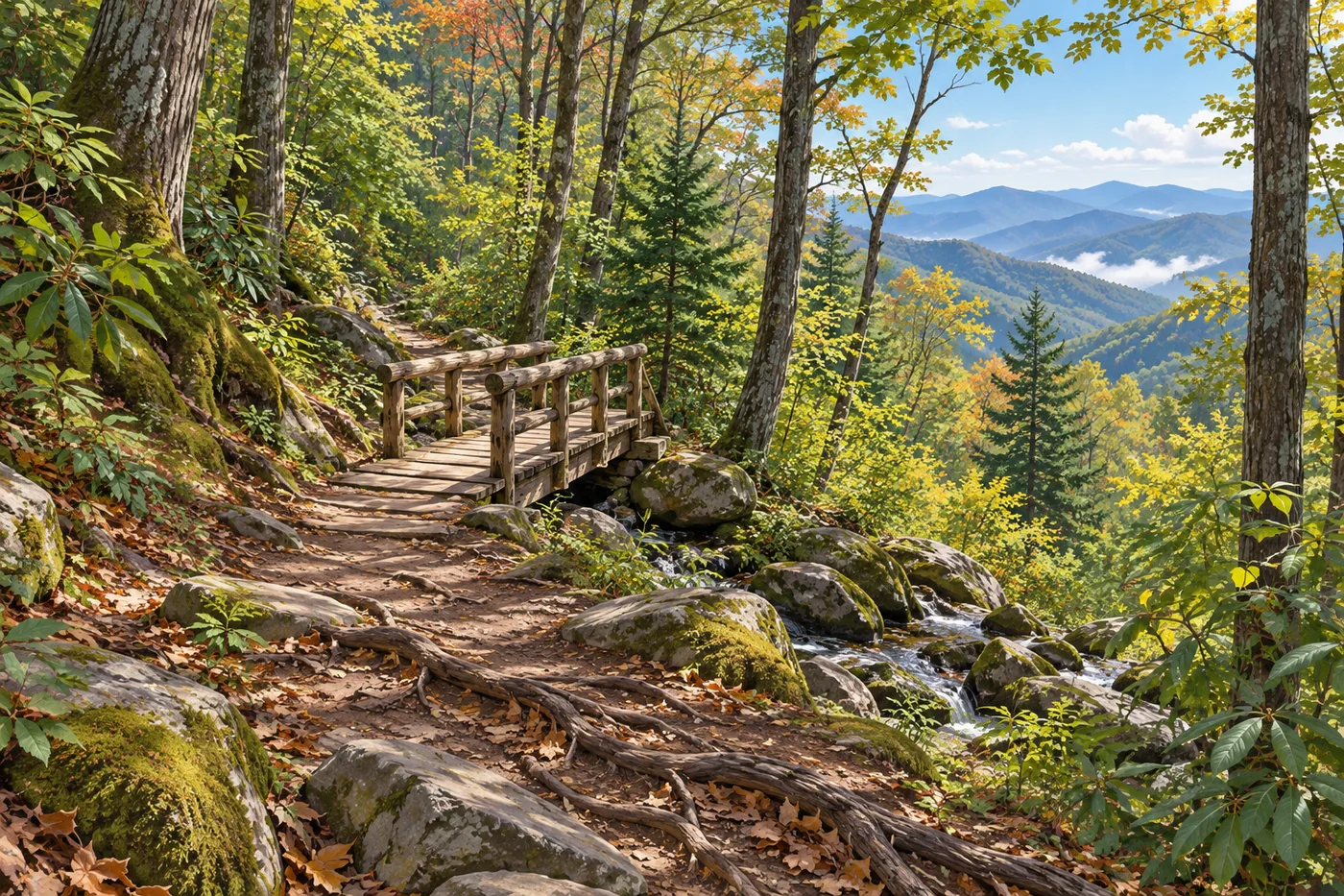 Illustrated footbridge crossing a mountain creek on a wooded Smokies trail.