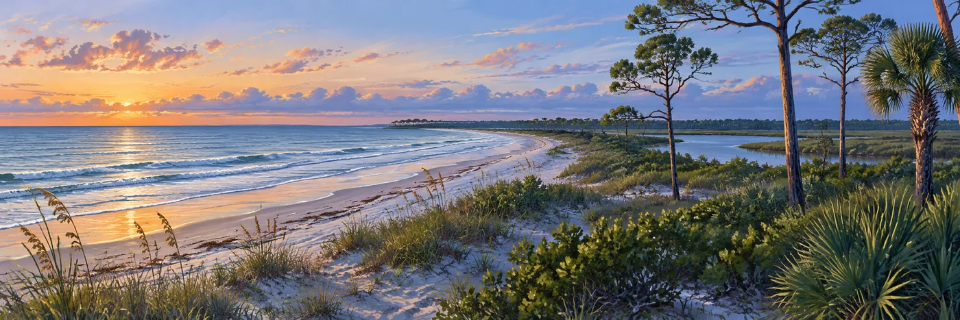 Illustrated Florida shoreline with palms, a quiet Gulf inlet, and a low coastal horizon.