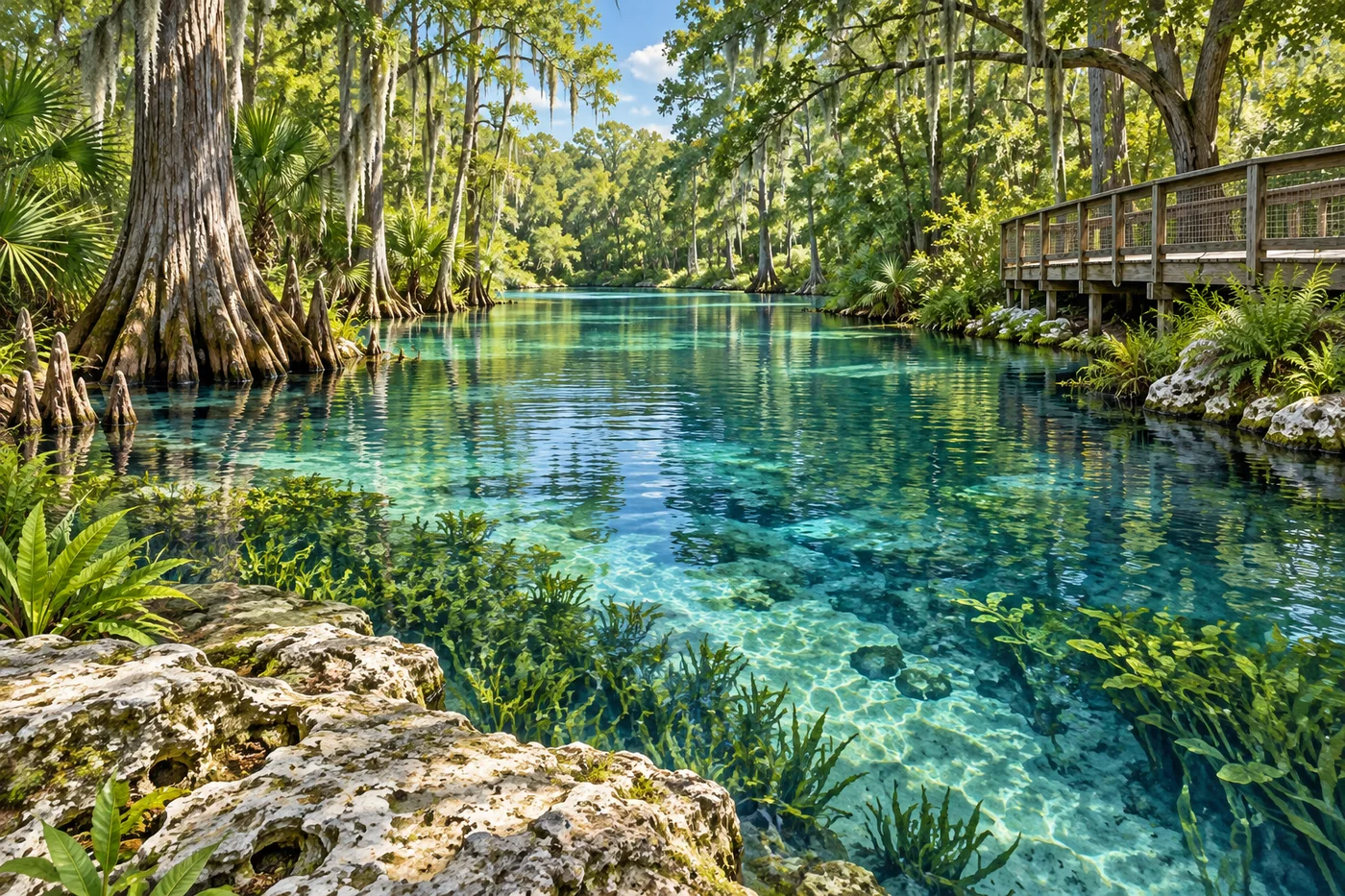 Illustrated Florida freshwater spring beneath cypress trees with clear blue-green water and a shaded bank.