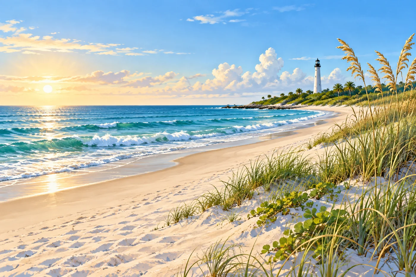 Illustrated Florida Atlantic beach with a lighthouse, sea oats, and a broad stretch of shoreline.