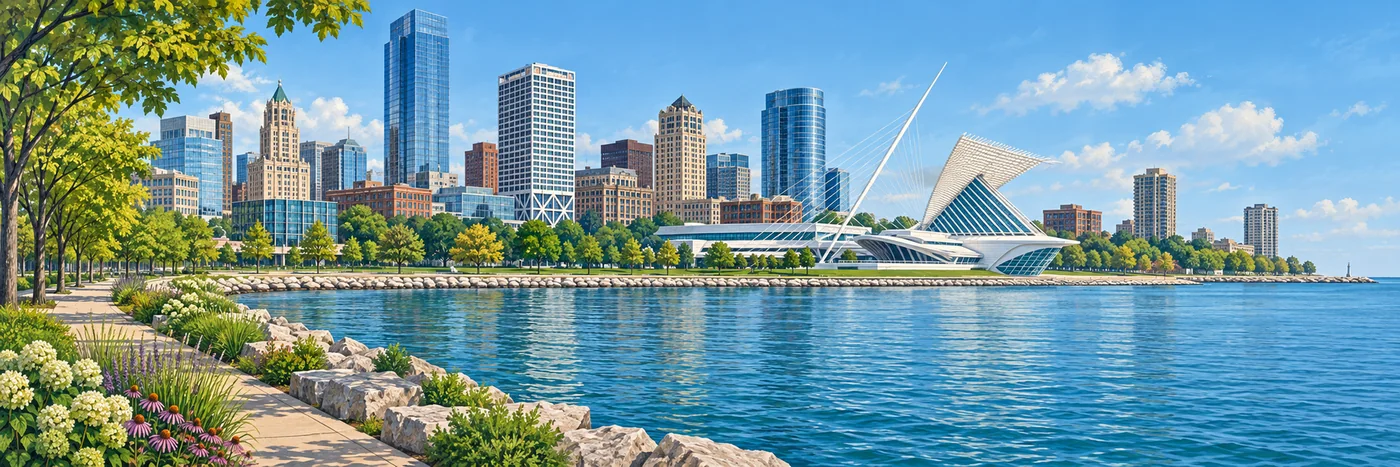 Illustrated Milwaukee lakefront skyline with a museum building and calm Lake Michigan water.