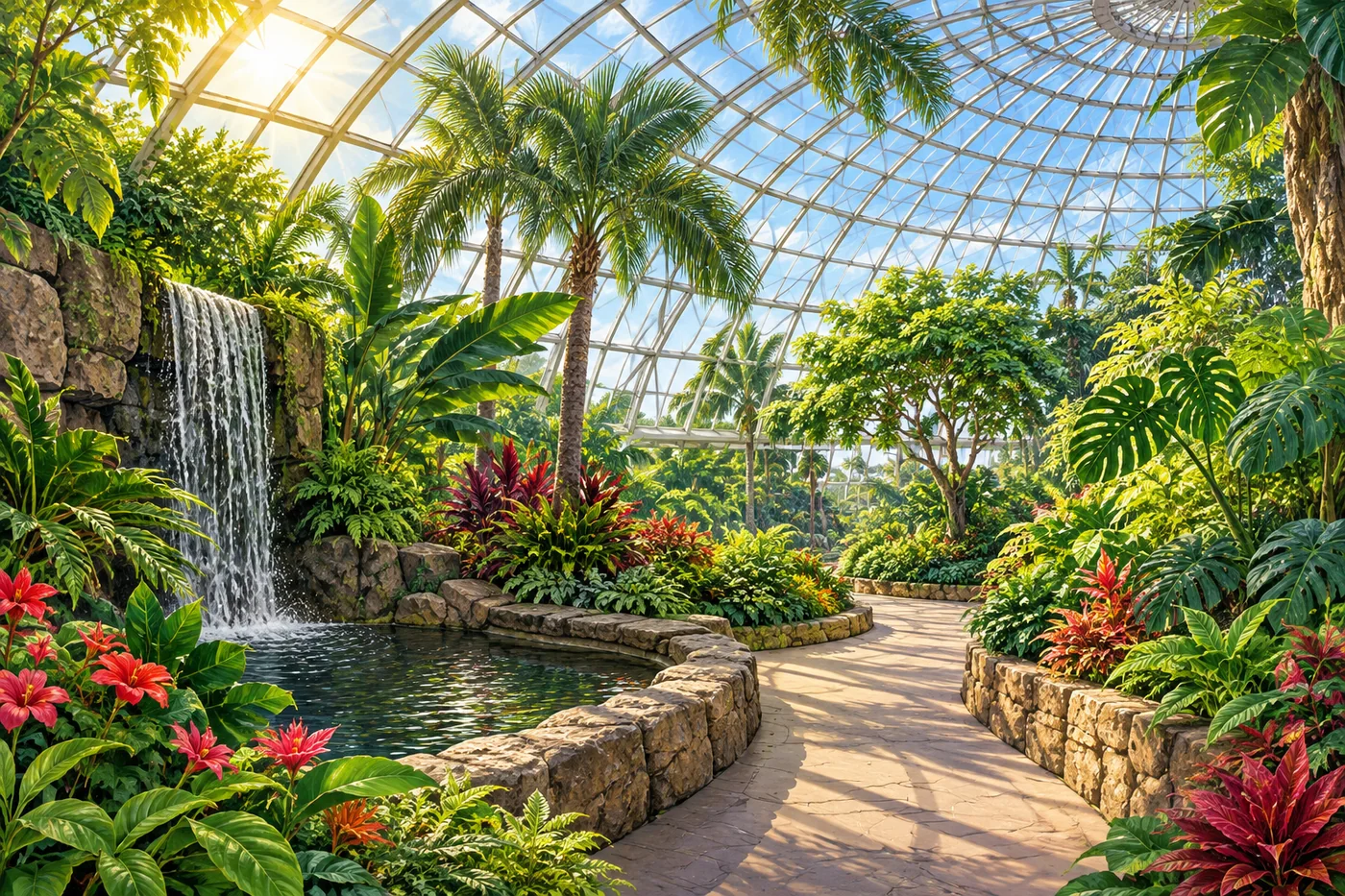 Illustrated greenhouse conservatory with palms, tropical leaves, and a sunlit glass roof at the Milwaukee Domes.