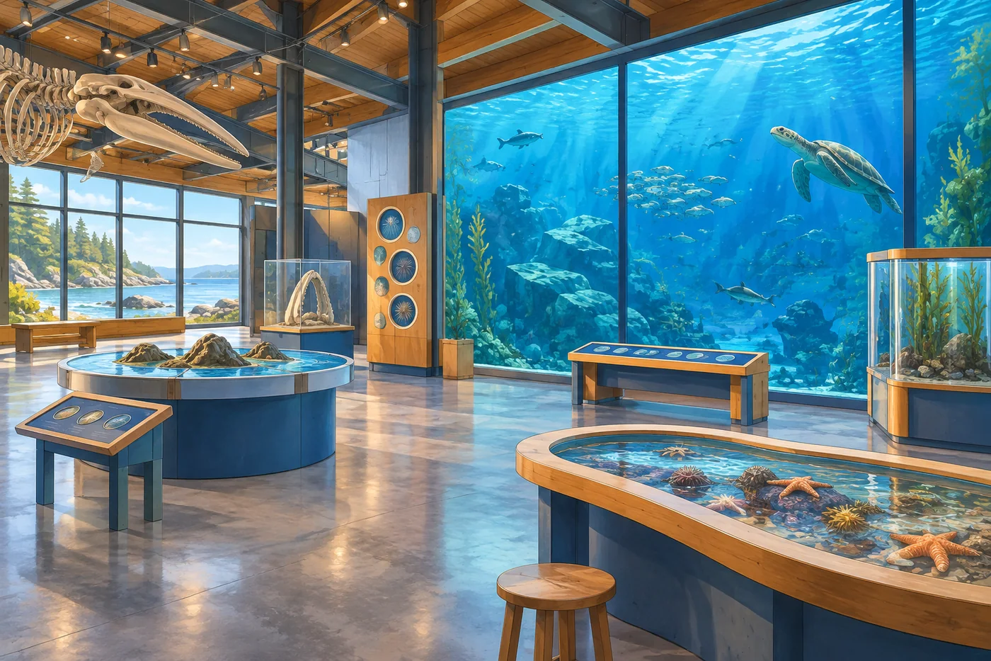 Illustrated hands-on science and marine exhibit with a large aquarium window and suspended model aircraft.