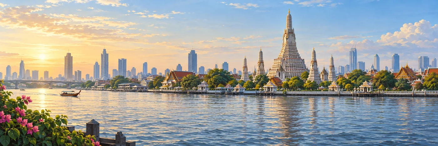 Illustrated Wat Arun temple spires beside the Chao Phraya River in Bangkok.