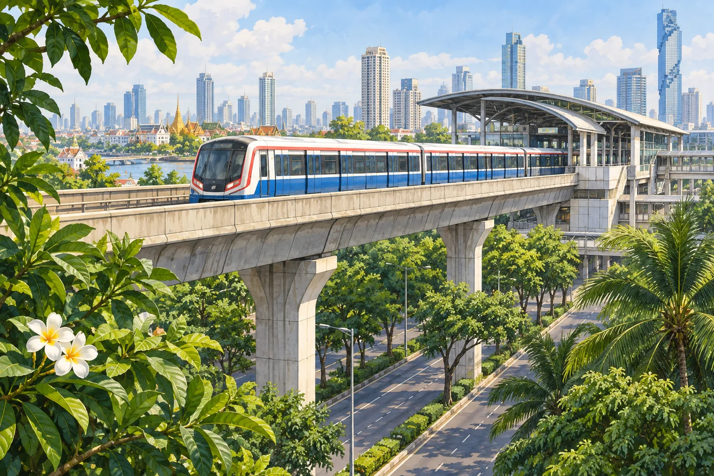 Illustrated Bangkok BTS Skytrain crossing above a tree-lined urban street with distant rooftops.
