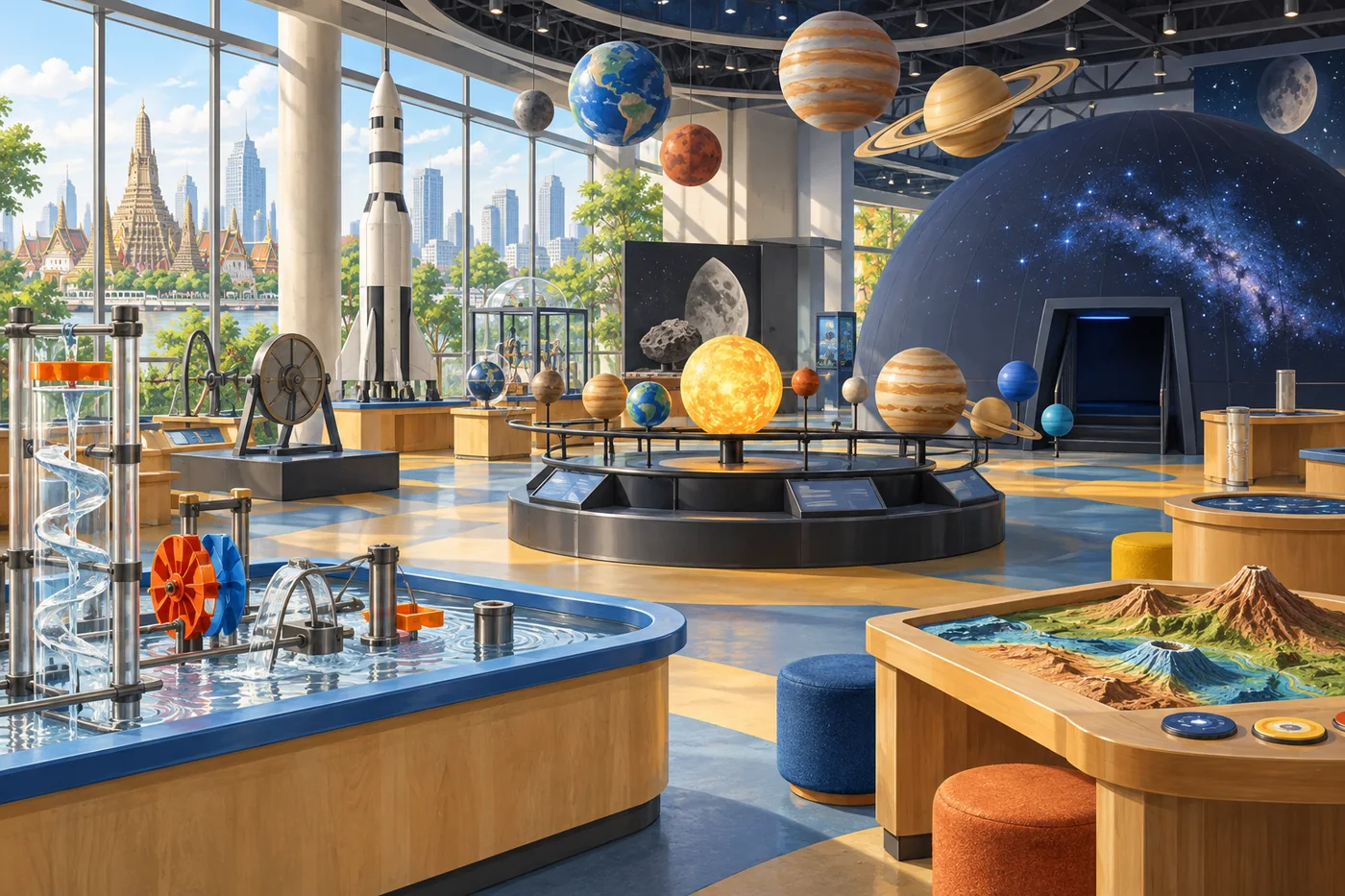Illustrated interior of a Bangkok science museum with an interactive celestial display and hands-on exhibit tables.