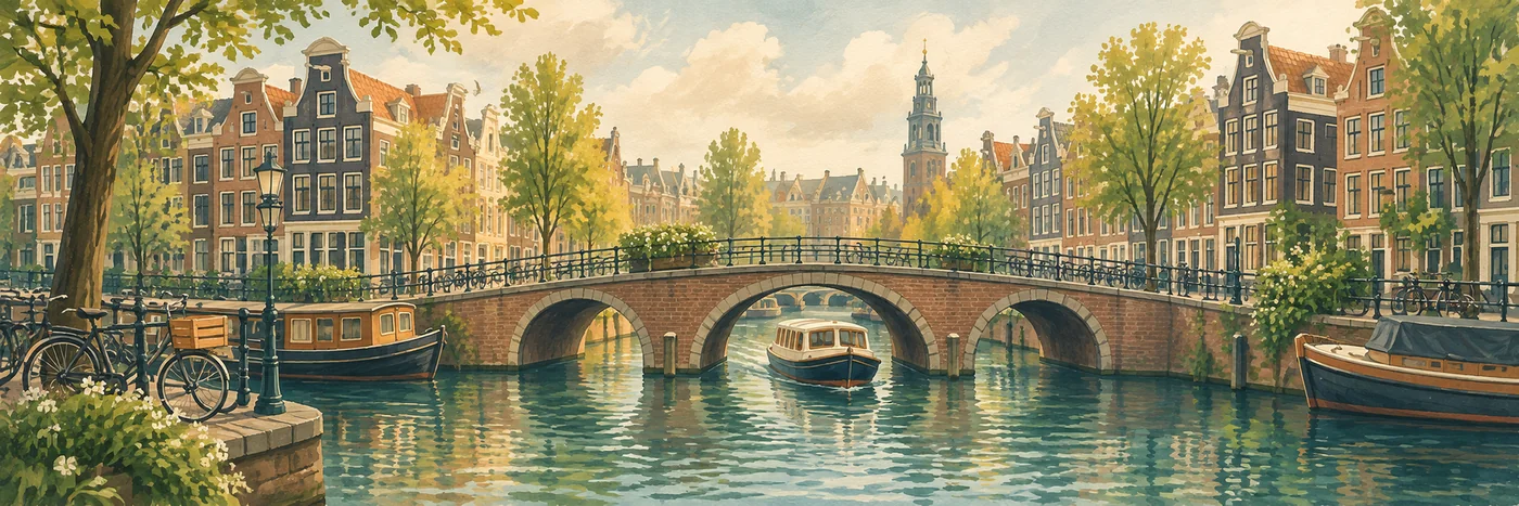 Illustrated Amsterdam canal houses, an arched brick bridge, and boats on the water.