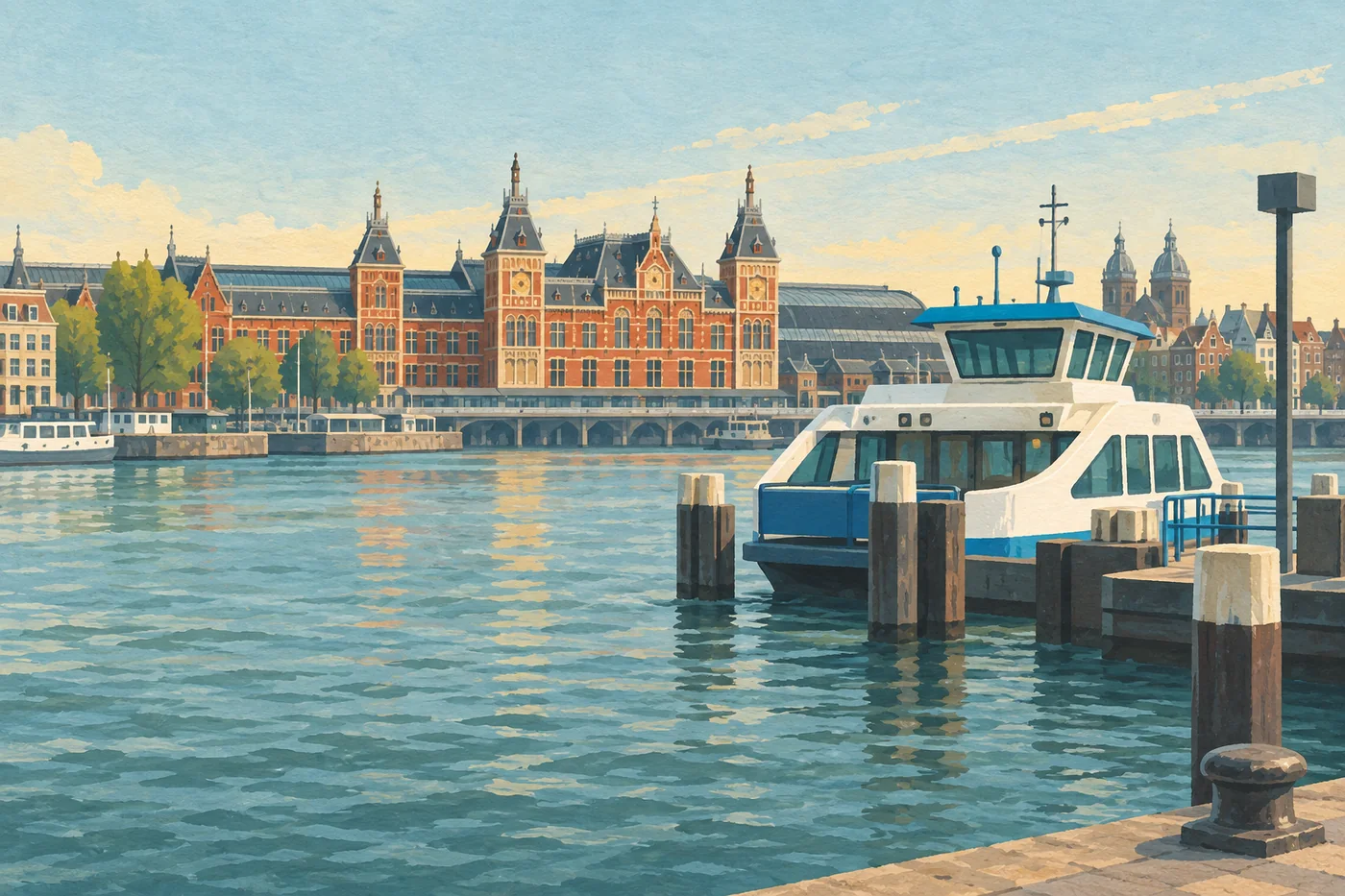 Illustrated passenger ferry at the IJ waterfront with Amsterdam Centraal in the background.
