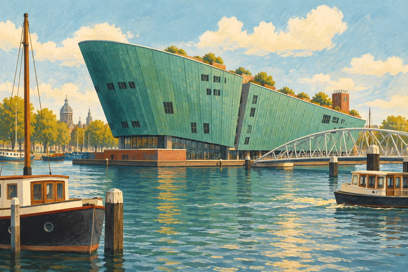 Illustrated NEMO Science Museum’s green stepped roof beside Amsterdam harbor and small boats.