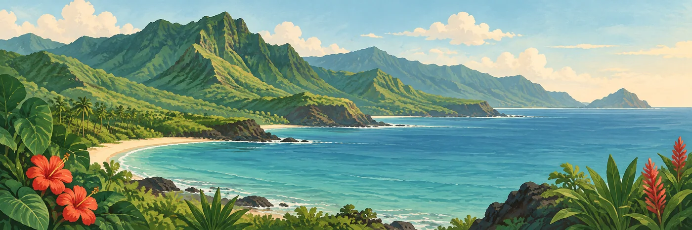 Illustrated Hawaiian coastline with green volcanic ridges, tropical foliage, and a quiet Pacific bay.
