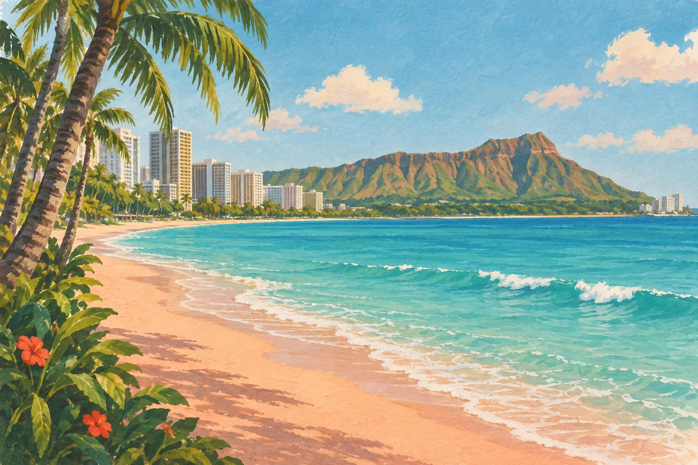 Illustrated Waikīkī shoreline on Oʻahu with Diamond Head beyond the beach and gentle Pacific surf.