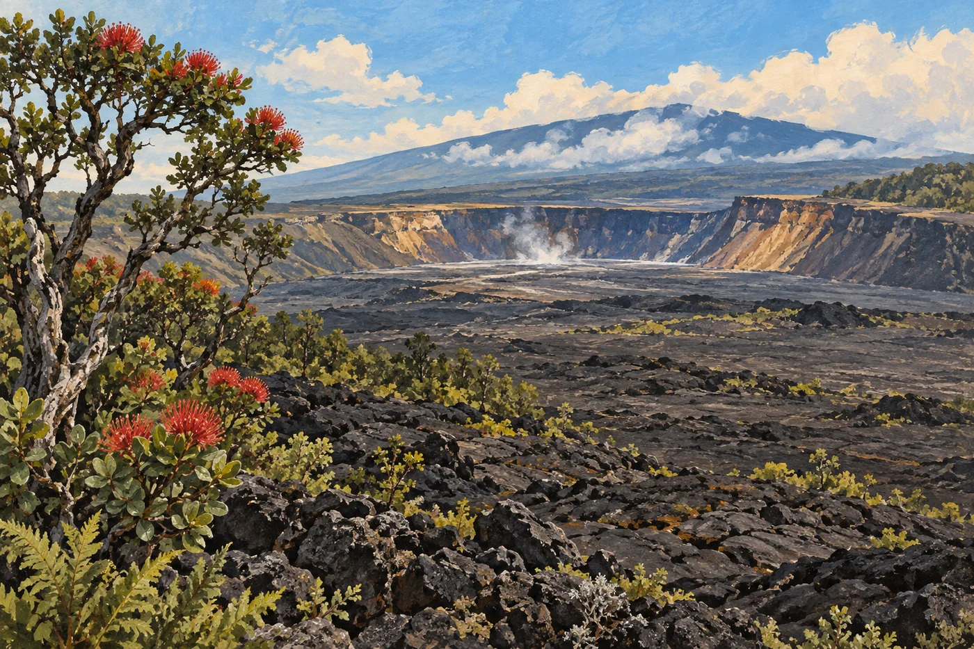 Illustrated volcanic crater and dark lava field on Hawaiʻi Island beneath a broad cloud-covered summit.