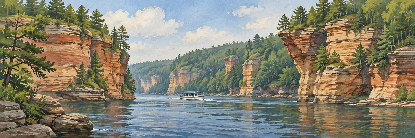 Illustrated Wisconsin River winding between sandstone bluffs and pine-covered banks.