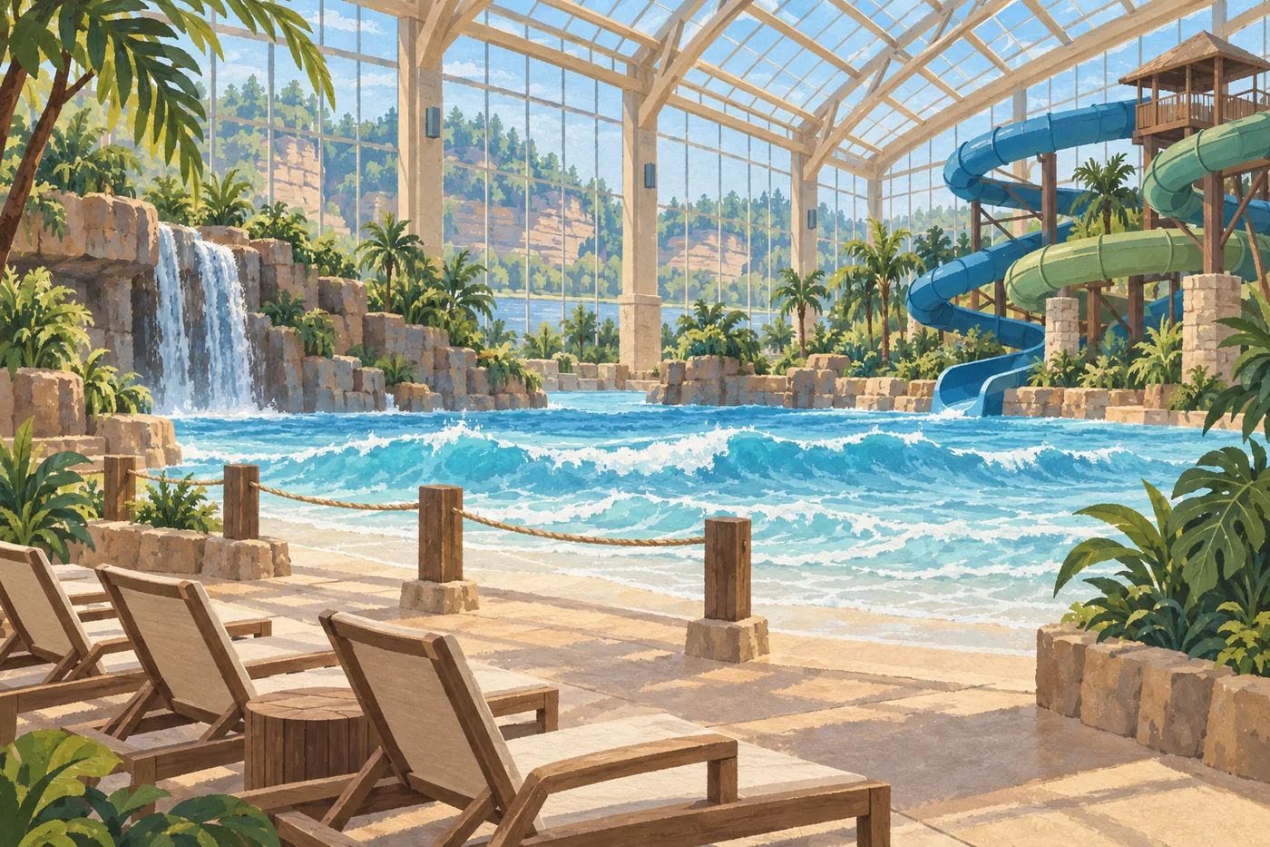 Illustrated indoor waterpark with a glass roof, wave pool, winding slides, and palm-like plants.